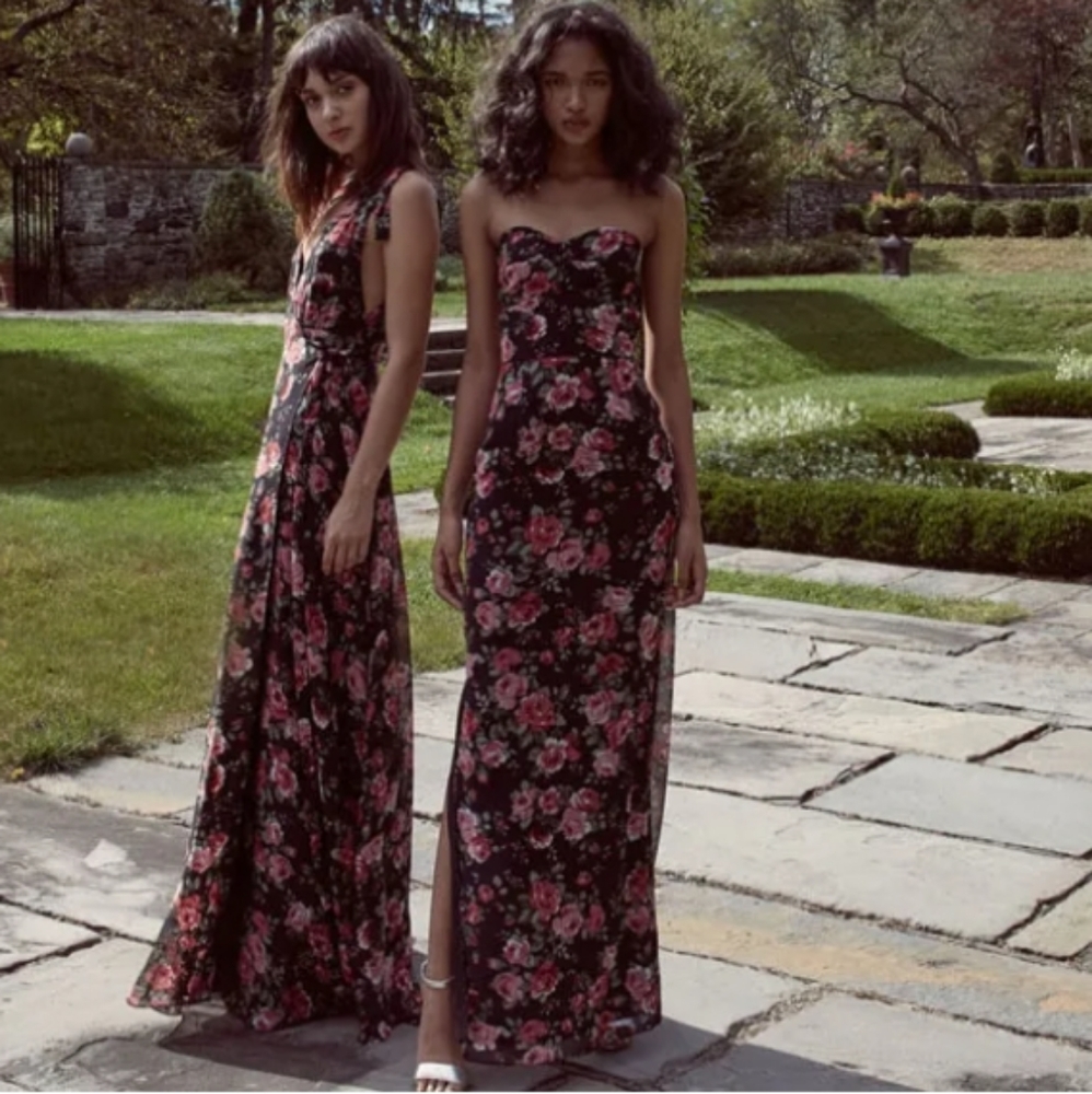 Floral rose print long strapless dress by Joanna August Love Story collection